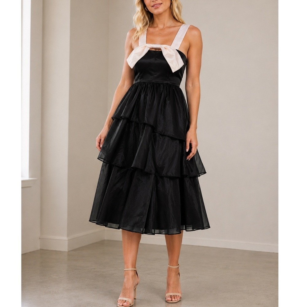 Lulus Untamed Elegance Black Cream Bow Tiered Organza Midi Dress Gown NWT S Glam